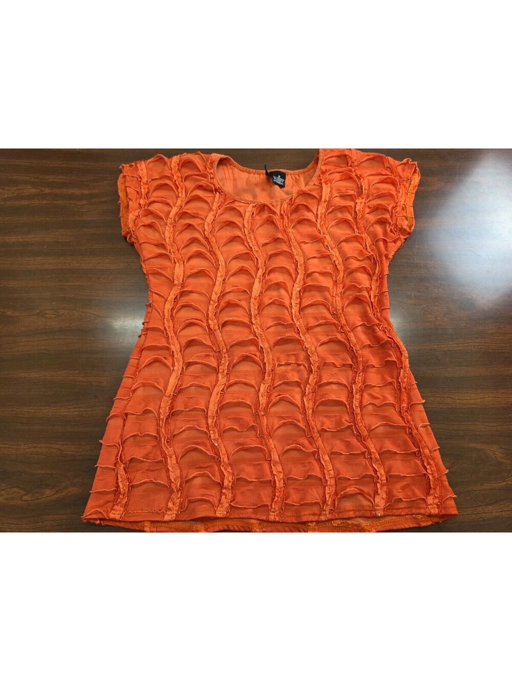 New Directions Orange Ruffled Textured Short Sleeve Top Medium Scoop Neck Boho